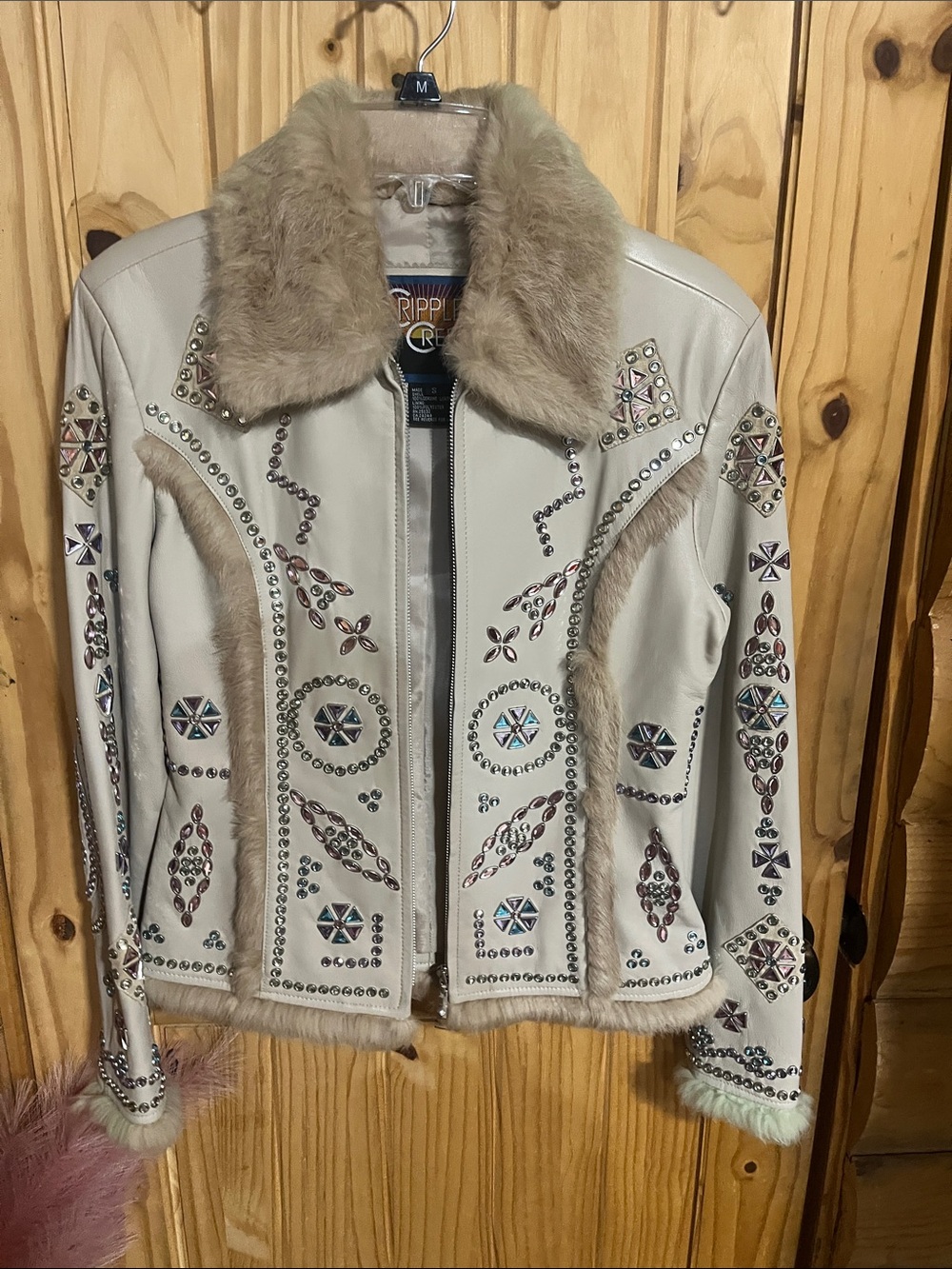 Cripple Creek Jewel Embellished Cream Fur-Trim Leather Jacket - Picture 3 of 10